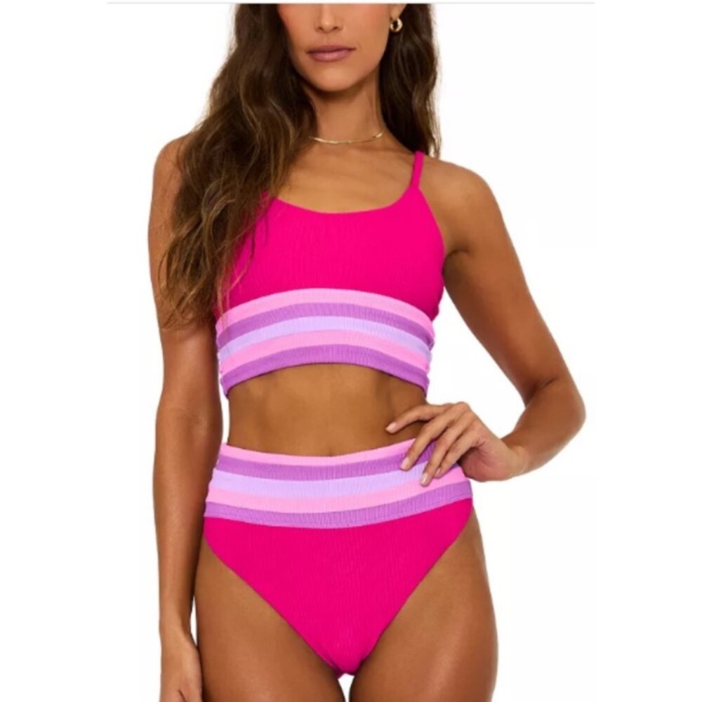 Beach Riot Hot Pink & Lilac Striped Ribbed Tank Bikini